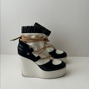 CHANEL Black and Cream Wedge Sneakers